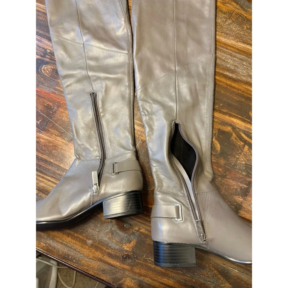 H by Halston Karlie Grey Leather Over the Knee Tall Block Heel Boots‎ 6M